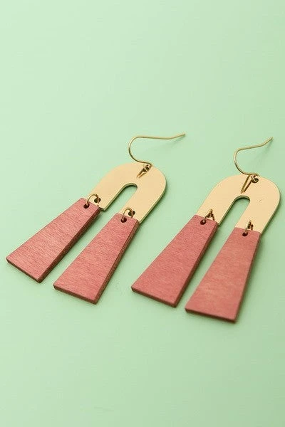 Pink U Metal & Wood Earring