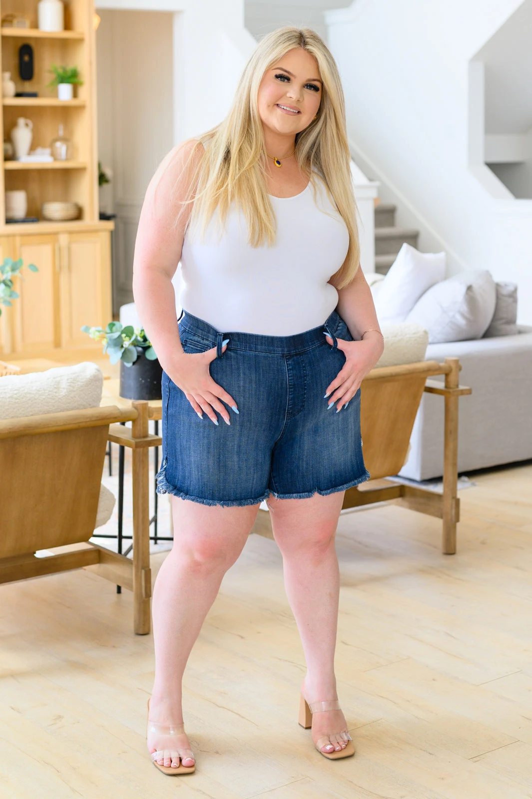 Delaney Pull On Dolphin Hem Denim Shorts - Image 3